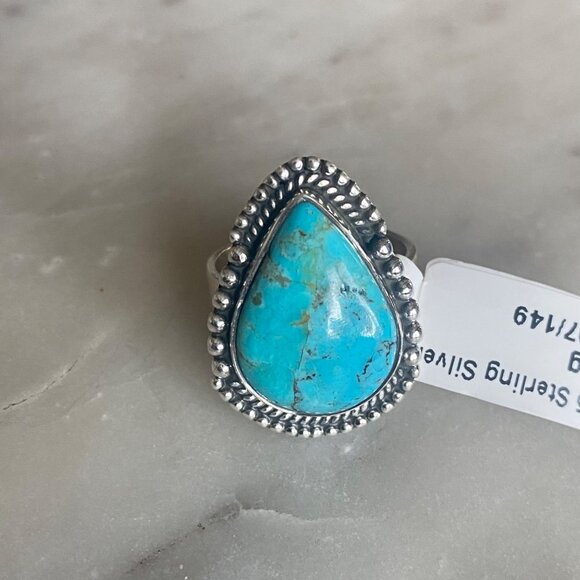 NEW Mojave Turquoise and Beaded Border Sterling Silver Ring Size 7 - Picture 1 of 5